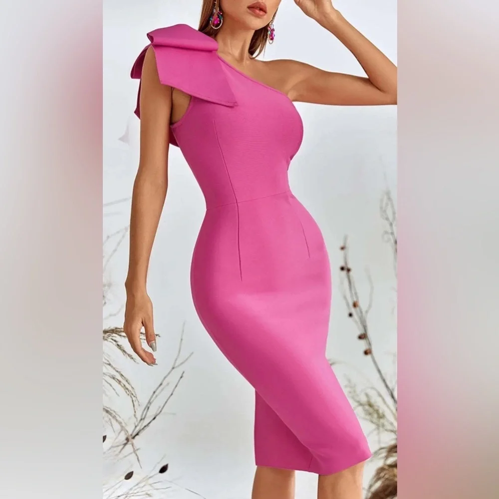 NEW Bella Barnett Pink One Shoulder Midi Cocktail Dress Size L - Picture 4 of 5